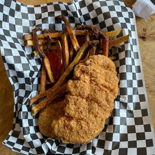 Out of steak strips so chicken strips and fries. Burnt old fries and chicken Pattie&apos;s? Ugh. Why come?