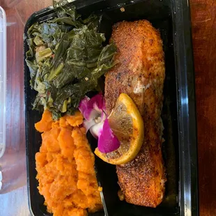 Salmon, sweet potatoes, and greens