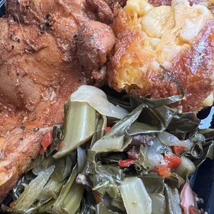 Chicken, greens and Mac &amp; cheese
