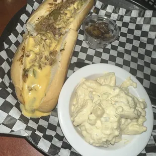 Philly cheesesteak and macaroni salad