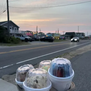 (All small) Chocolate Moose tracks, Cappuccino Crunch, Rainbow Sherbet, (x-large) Shaved Ice