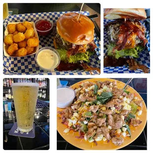 Grand Canyon burger and tater tots.. ice cold beer  and a Booty&apos;s salad with chicken
