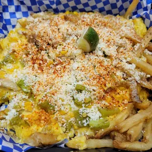 Order of elote fries. We got the hot sauce on the side, but it was really good.