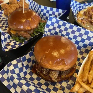 Bacon burger and pulled pork sandwich