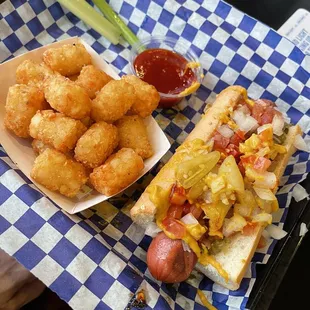 Chicago dog with tots