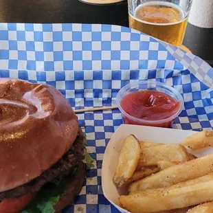 A plain burger and fries. Excellent taste. Great service. Very attentive about what your needs may be.