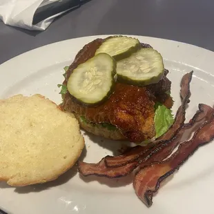 Sweet and spicy chicken biscuit sandwich (replace the potato bits with a side of bacon)