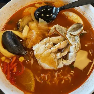 Spicy seafood soup was good.