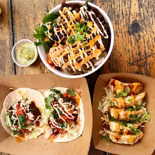 Rice bowl, tacos and mandoo dumplings