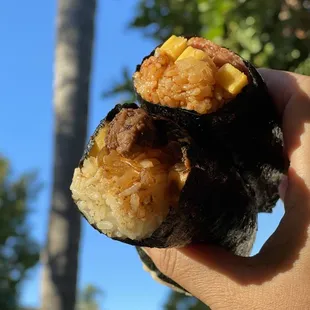 a hand holding a piece of sushi