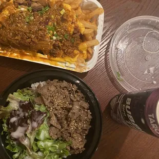 BULKOGI BOWL, KIMCHI FRIES, TARO BUBBLE TEA