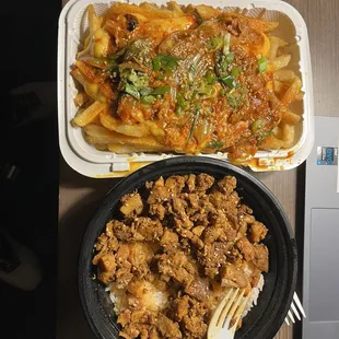 Fire Chicken Bowl(Rice without salad) Kimchi Fries