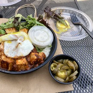 FIRE TOFU BOWL with fried egg &amp; yolk on lid :-) and 3 oz JALAPEÑOS.