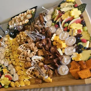 Fruit, cheese, bacon, sausage, chicken &amp; waffles, deviled eggs &amp; muffins