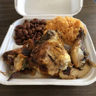 chicken and beans in a styrofoam container