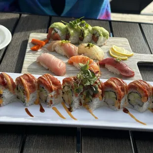 $16. Generous sized Sushi platter: warm, crunchy rice tuna roll, edamame &amp; miso soup.  Front: shrimp tempura/tuna roll.