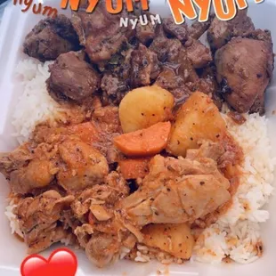 Adobo chicken and chicken afritada with rice