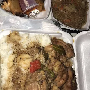 Chicken adobo, pancit, and lumpia