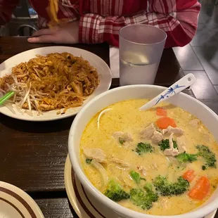Yellow Curry (added broccoli for more greens) + Pad Thai Boran (in left background)