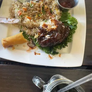 S11. Thai BBQ Chicken with Red Fried Rice and 2 Shrimp on top