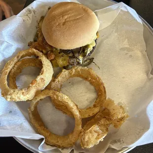 The Terlingua Burger with onion rings