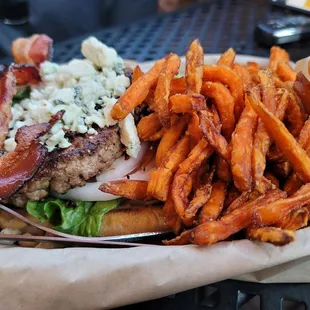 The Pittsburg burger with sweet potato fries
