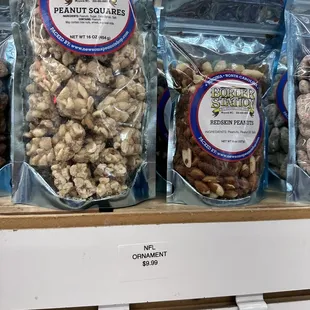 a variety of nuts on a shelf
