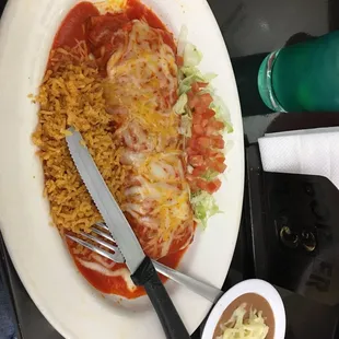 Chimichanga, rice, and beans.