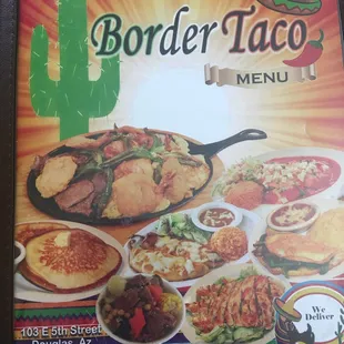 Front of menu with address and phone number.