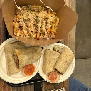 Fries with chicken, chicken burrito and asada burrito