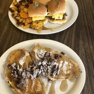 Steak and egg sliders + pumpkin stuffed French toast...YUM!