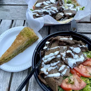 Doner pita, doner over rice, pistachio backlava