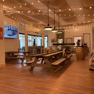 people sitting at picnic tables