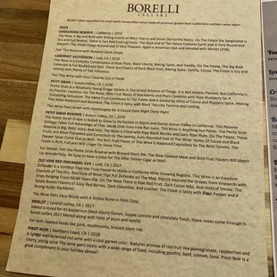 a menu for a wine tasting