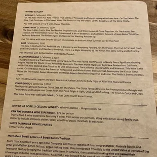 a menu for a wine tasting