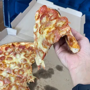 a hand holding a slice of pizza