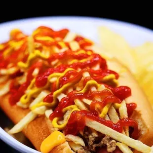 Boricua Hot Dog: All beef hot dog topped with ground beef, cheese, ketchup, mustard, potato stix