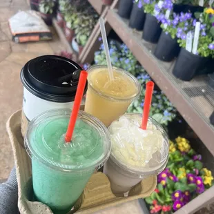 1 large hot chai 2 blended rebels  1 Italian creme soda