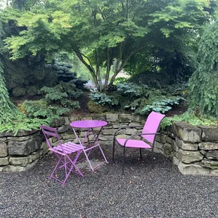 two chairs and a table in a garden