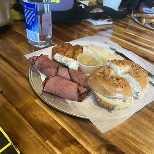 THE garlic babe with scallion cream cheese, latkes w/ applesauce, pastrami all that make your breath stink goodness I LOVE!!!