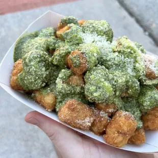 Pesto tots-extra crunchy, just how I like &apos;em. Pairs well with the Dirty Bird sandwich!