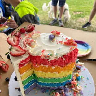 a rainbow cake on a plate