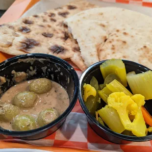 Marinated olives, pickled veg, 2 kinds of flatbread