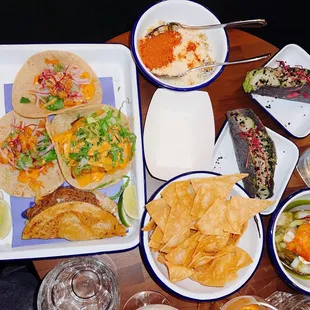 Bang Bang Shrimp Taco, Cool Ranch Tuna Tartare, Ceviche, NY Deli Taco, Esquites