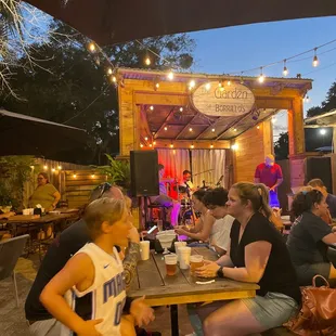 a group of people eating outside