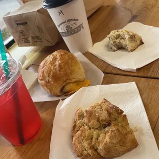 Strawberry Lotus and Mocha drinks  Maple Bacon Scone, Soooo good Lemon Blueberry Poppy Seed Scone Ham and cheese croissant