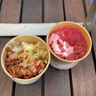 Borshch + potato varenyky with onions and bacon = delicious Ukrainian comfort food on the go!