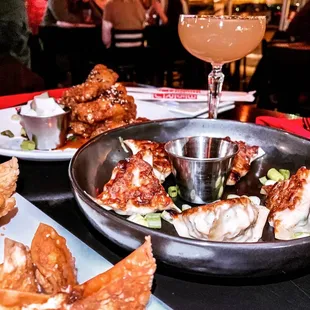 crab rangoon shrimp dumplings,  2x fried wings,  Bruce Lee