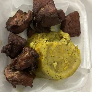 Pork chunks and Mofongo