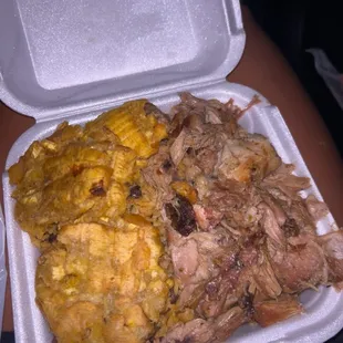 Pulled pork, tostones, chorizo rice.. YUM